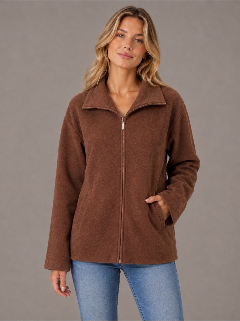 Eileen Fisher System Chocolate Brown Wool Zip Coat Jacket Pockets Size XL